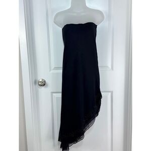 Cache Black Strapless Asymmetrical S Ruffle Beaded Midi Dress 4 Evening Sheer